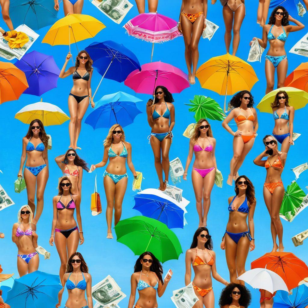 A chic beach scene featuring a diverse group of women in stylish bikinis, each representing different fashion trends, enjoying the sun, with dollar bills and home loan paperwork creatively integrated into beach accessories like bags and towels. Bright and colorful beach umbrellas and a clear blue sky in the background to evoke a sense of fun and wealth. super-realistic. vibrant colors. summer theme.